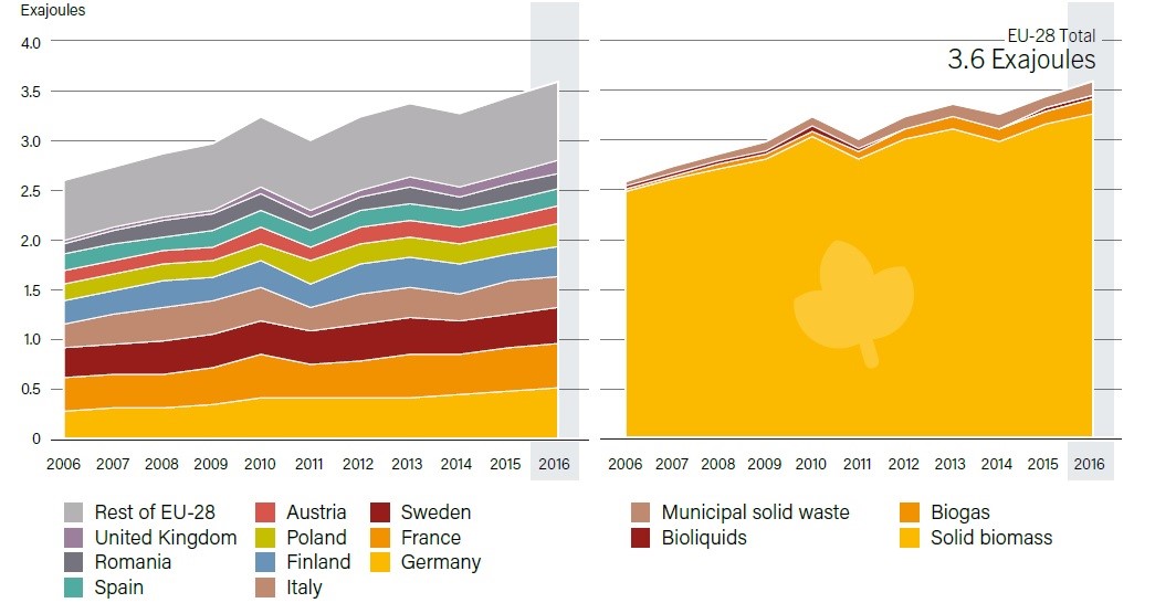Рис. 4. Споживання теплової енергії з біологічних відходів в ЄС, по країнах і джерелах палива, 2006-2016. Джерело: REN21, Renewables 2018, Global Status Report, 2018.