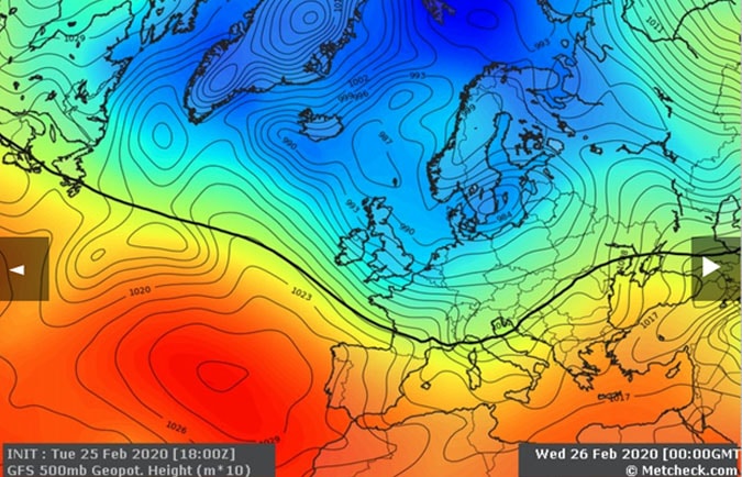 Рис.2. Система низького тиску та холодний фронт, що пройшли через центральну та східну Європу у кінці лютого 2020 року.