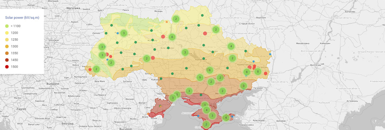 Рис. 1. Уровень солнечной радиации и распределение мощностей ВИЭ по территории Украины. Источник: УКРЭНЕРГО.