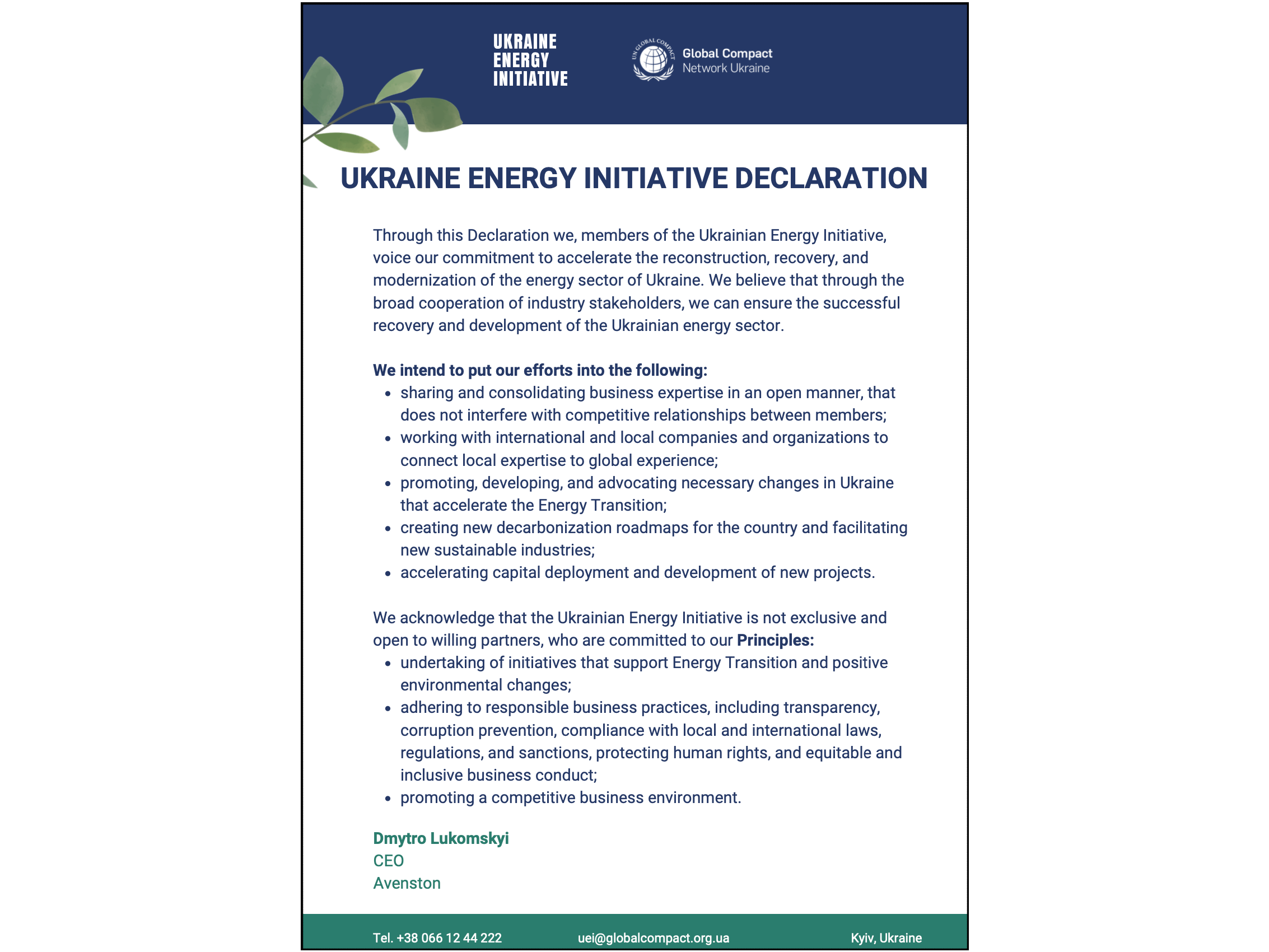 Декларація Авенстон щодо участі в Українській Енергетичній Ініціативі