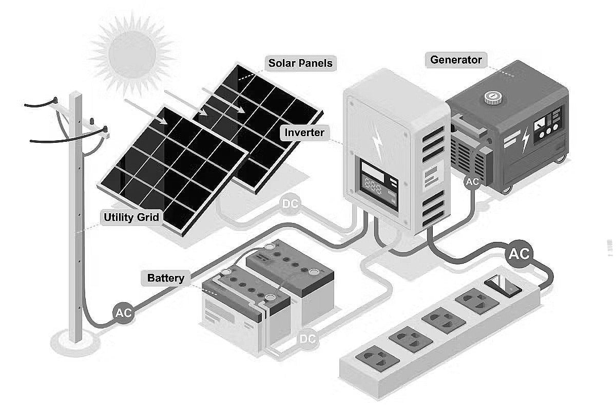 Schematic diagram of the connection of a hybrid solar inverter